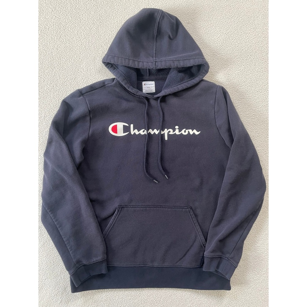 Champion Mens Medium Hoodie Navy Blue Script Logo Fleece Pullover Sweatshirt